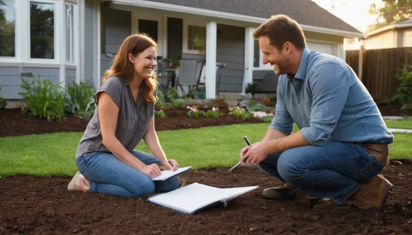 A homeowner jotting down notes while a provider checks the foundation edge of a house in the New Orleans area