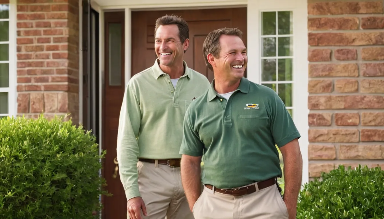 A friendly provider talking with a homeowner at the front door of a brick ranch home in New Orleans