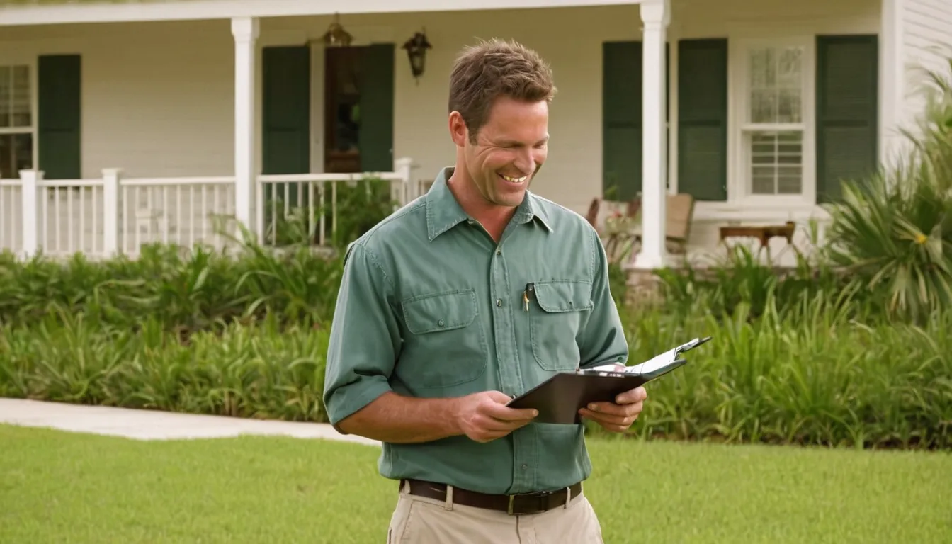 Friendly pest control provider talking with a homeowner at the front door of a brick ranch home in New Orleans
